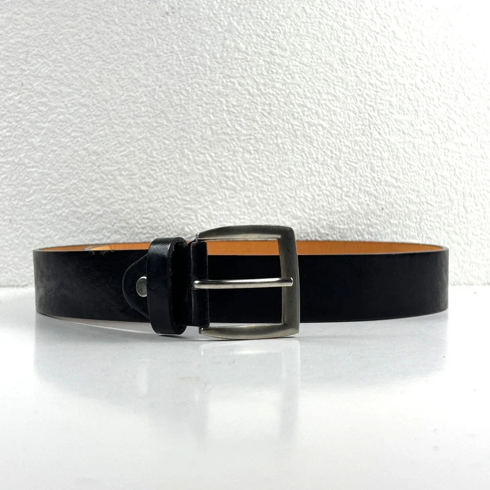 Leather Belt Mens M 34-38 Black Silver Buckle 1.5in Classic Minimalist Casual